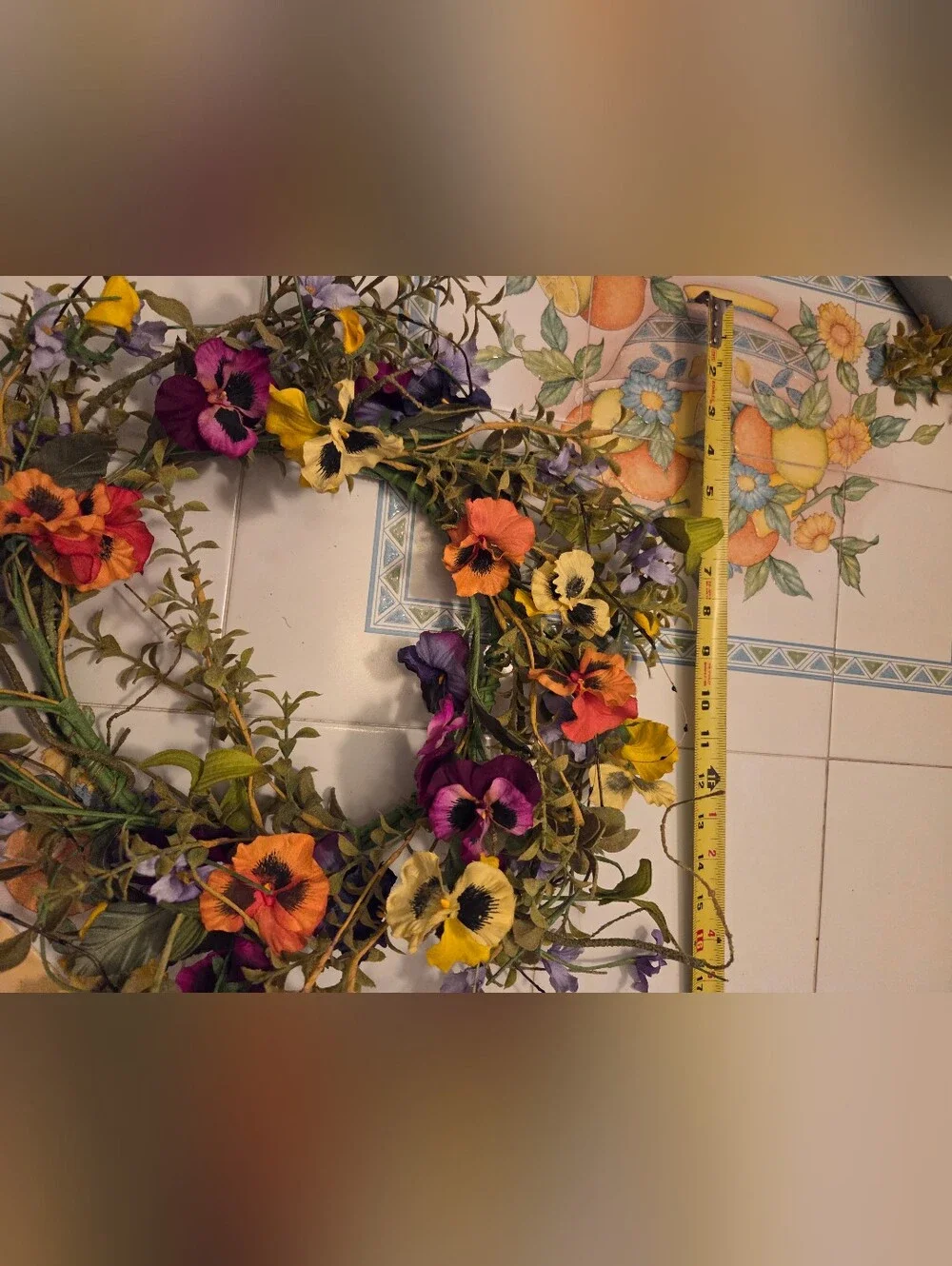 Artificial Pansy Wreath in Purple, Yellow, Orange - Home Accents
